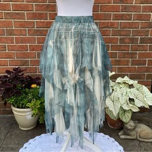 Tulle Skirt Denim/Jean Print Fringe Sheer Layered High Low Maxi Tutu